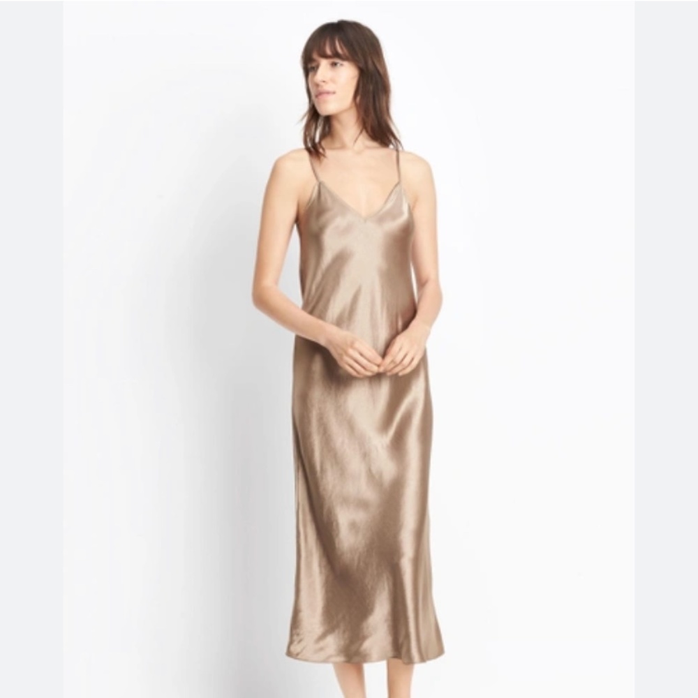 VINCE silky satin gold midi length slip dress formal casual. SIZE MEDIUM